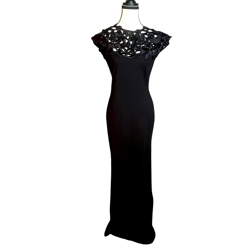 Designer Black Embroidered-Yoke Formal Column Gown Dress Sz 4 $995 Josie Natori